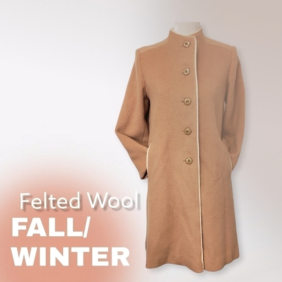 VINTAGE 90s Felted Wool Coat Med. Camel & Cream Midi Length GUC - Picture 2 of 15